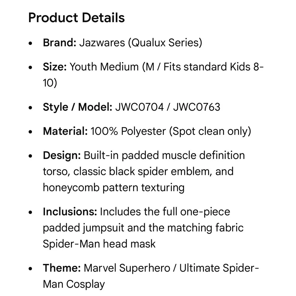 Spider-Man Costume Kids Medium 8-10 Marvel Jazwares Jumpsuit Mask Halloween